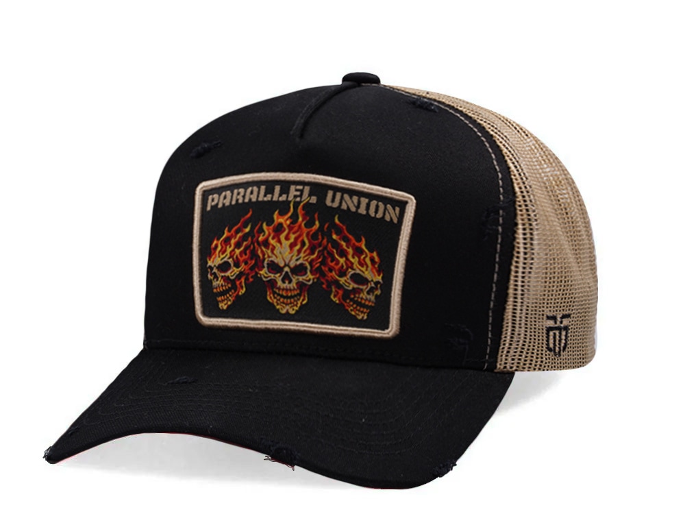 Parallel Union Fire Skull Patch Black Distressed Edition Trucker Snapback Cap