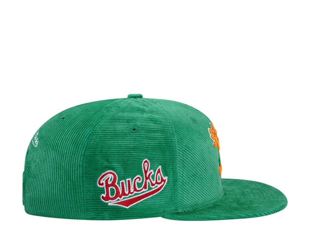 Mitchell & Ness Milwaukee Bucks Green Cord Hardwood Classic Snapback Cap