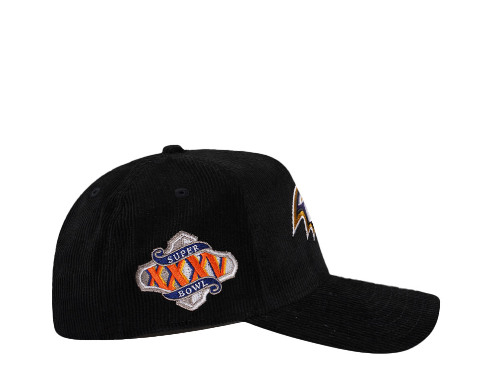 New Era Baltimore Ravens Super Bowl XXXV Black Corduroy Edition 9Forty A Frame Snapback Cap