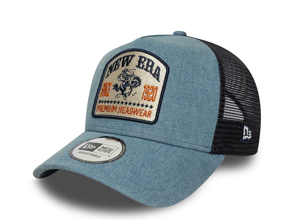 New Era Denim Patch Sky Blue 9Forty A Frame Trucker Snapback Cap