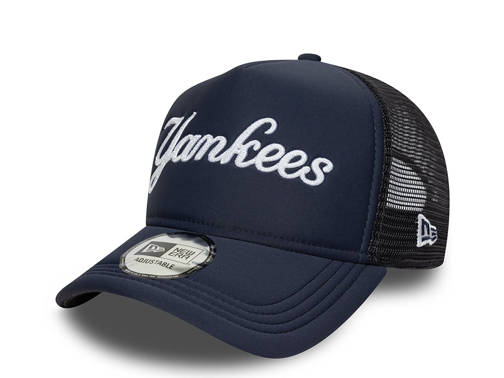 New Era New York Yankees Script Navy 9Forty A Frame Trucker Snapback Cap