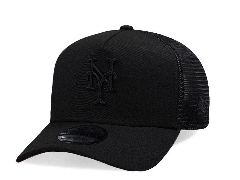 New Era New York Mets Black On Black Edition 9Forty A Frame Trucker Snapback Cap